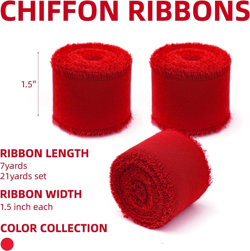 KEOSREE 3 Rolls Red Handmade Chiffon Ribbon,1.5" x 21Yd Frayed Fringe Silk Ribbons (3 Rolls *7Yd) for Gifts Wrapping, Wedding Invitations, Bridal Bouquets, Decorations - Image 2